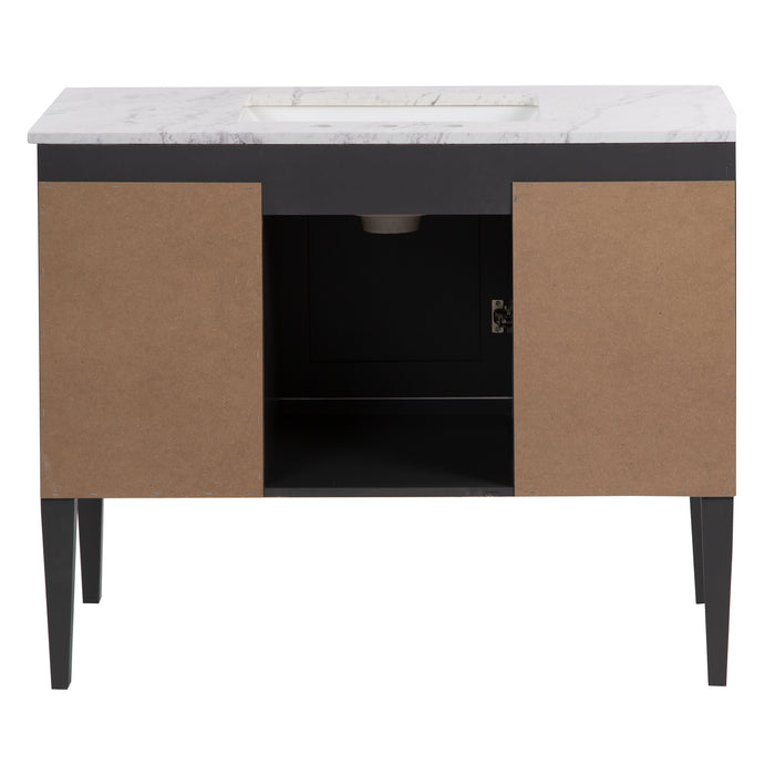 Open back of Fordwin 43 in furniture-style gray vanity with granite-look sink top, 6 drawers, cabinet