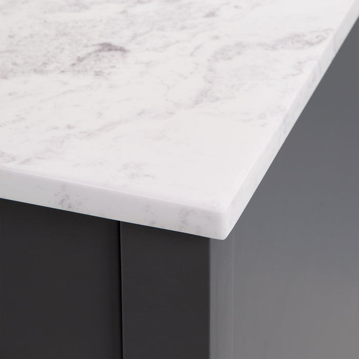 Close up of countertop on Fordwin 43 in furniture-style gray vanity with granite-look sink top, 6 drawers, cabinet