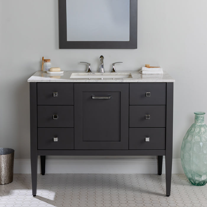 Fordwin 43 in furniture-style gray vanity with granite-look sink top, 6 drawers, cabinet installed in bathroom with faucet and mirror