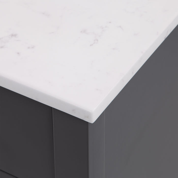 Close up of counter top on Fordwin 43 in furniture-style gray vanity with granite-look sink top, 6 drawers, cabinet