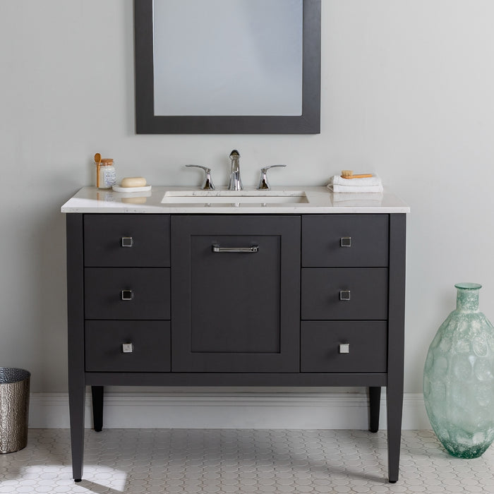 Fordwin 43 in furniture-style gray vanity with granite-look sink top, 6 drawers, cabinet installed in bathroom with mirror and faucet