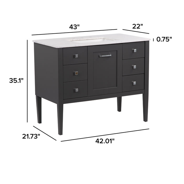 Measurements of Fordwin 43 in furniture-style gray vanity with granite-look sink top, 6 drawers, cabinet: 43 in W x 22 in D x 35.1 in H
