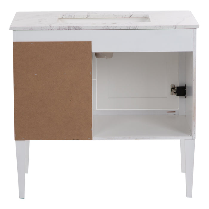 Open back on Fordwin 37 in furniture-style white vanity with granite-look sink top, 2 drawers, cabinet