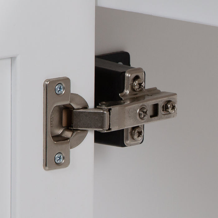 Closeup of adjustable hinge on Fordwin 37 in furniture-style white vanity with granite-look sink top, 2 drawers, cabinet