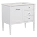 Angled view of Fordwin 37 in furniture-style white vanity with granite-look sink top, 2 drawers, cabinet