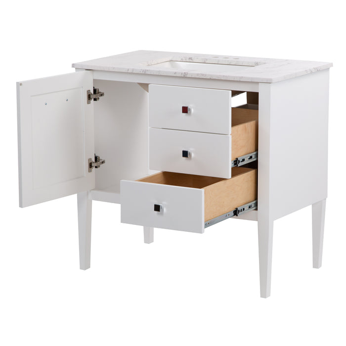 Open drawers and door on Fordwin 37 in furniture-style white vanity with granite-look sink top, 2 drawers, cabinet