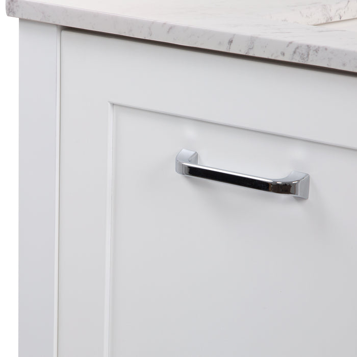 Closeup of side of Fordwin 37 in furniture-style white vanity with granite-look sink top, 2 drawers, cabinet