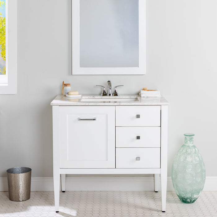 Fordwin 37 in furniture-style white vanity with granite-look sink top, 2 drawers, cabinet installed in bathroom with mirror