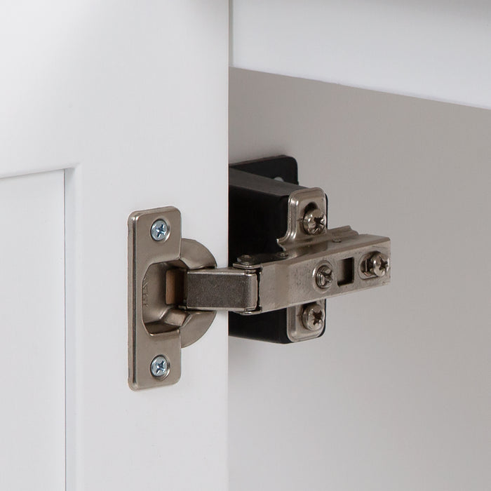 Adjustable hinge on Fordwin 37 in furniture-style white vanity with granite-look sink top, 2 drawers, cabinet