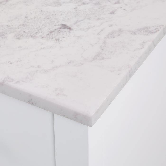 Closeup of counter on Fordwin 43 in furniture-style white vanity with granite-look sink top, 6 drawers, cabinet