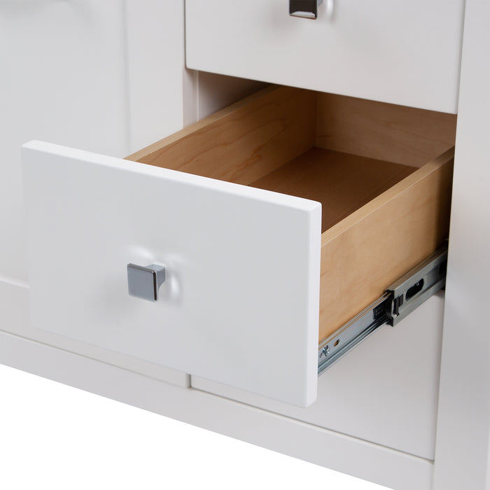 Open drawer on Fordwin 43 in furniture-style white vanity with granite-look sink top, 6 drawers, cabinet