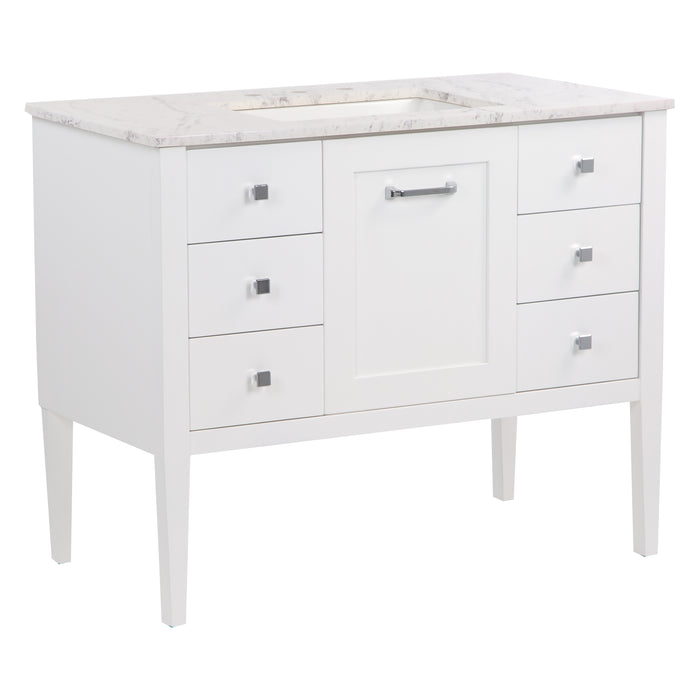 Angled view of Fordwin 43 in furniture-style white vanity with granite-look sink top, 6 drawers, cabinet