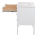 Right side with open drawers on Fordwin 43 in furniture-style white vanity with granite-look sink top, 6 drawers, cabinet
