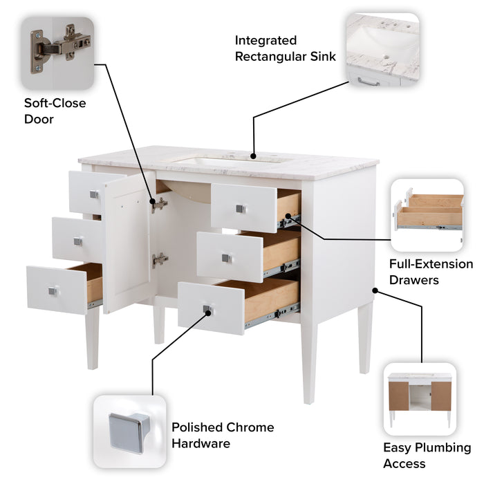 Features of Fordwin 43 in furniture-style white vanity with granite-look sink top, 6 drawers, cabinet