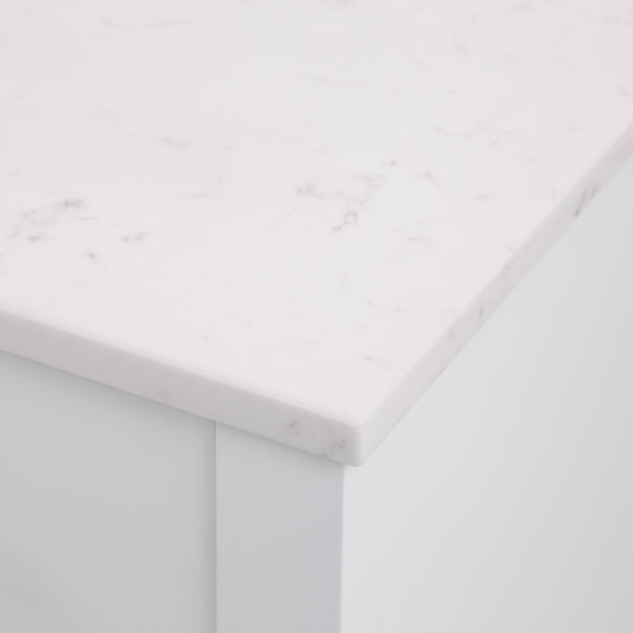 Closeup of countertop on Fordwin 43 in furniture-style white vanity with granite-look sink top, 6 drawers, cabinet