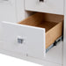 Open drawwer on Fordwin 43 in furniture-style white vanity with granite-look sink top, 6 drawers, cabinet