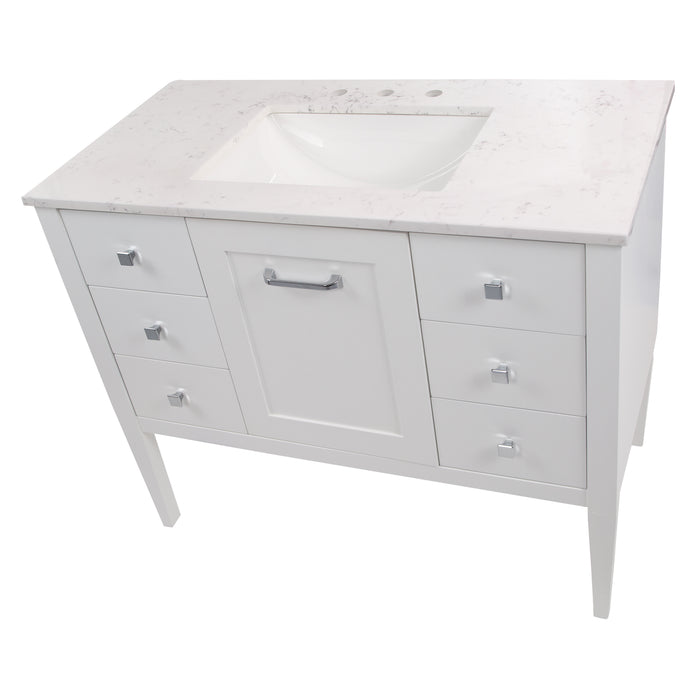 Top view of Fordwin 43 in furniture-style white vanity with granite-look sink top, 6 drawers, cabinet