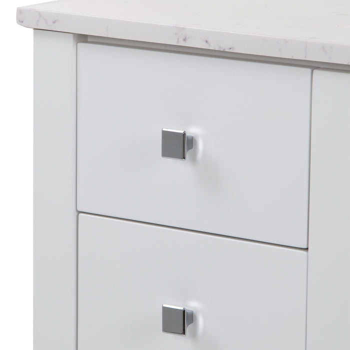 Edge view of Fordwin 43 in furniture-style white vanity with granite-look sink top, 6 drawers, cabinet