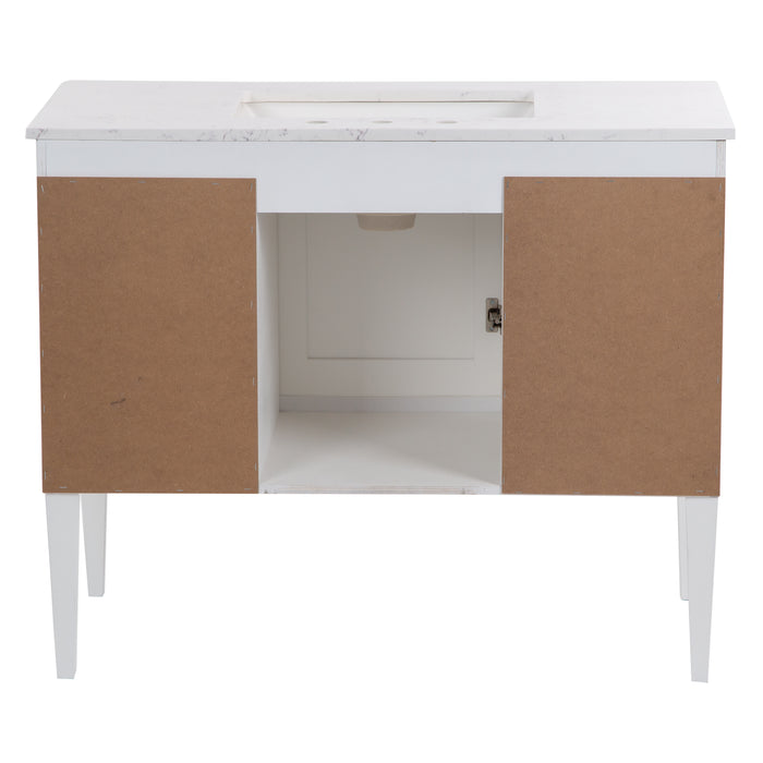 Open back on Fordwin 43 in furniture-style white vanity with granite-look sink top, 6 drawers, cabinet