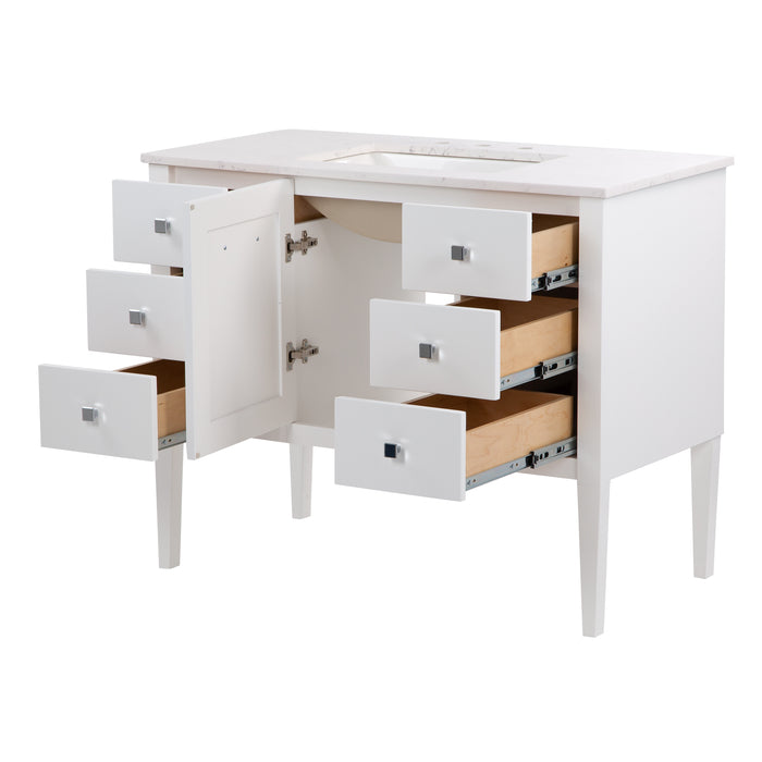 Open door and drawers on Fordwin 43 in furniture-style white vanity with granite-look sink top, 6 drawers, cabinet