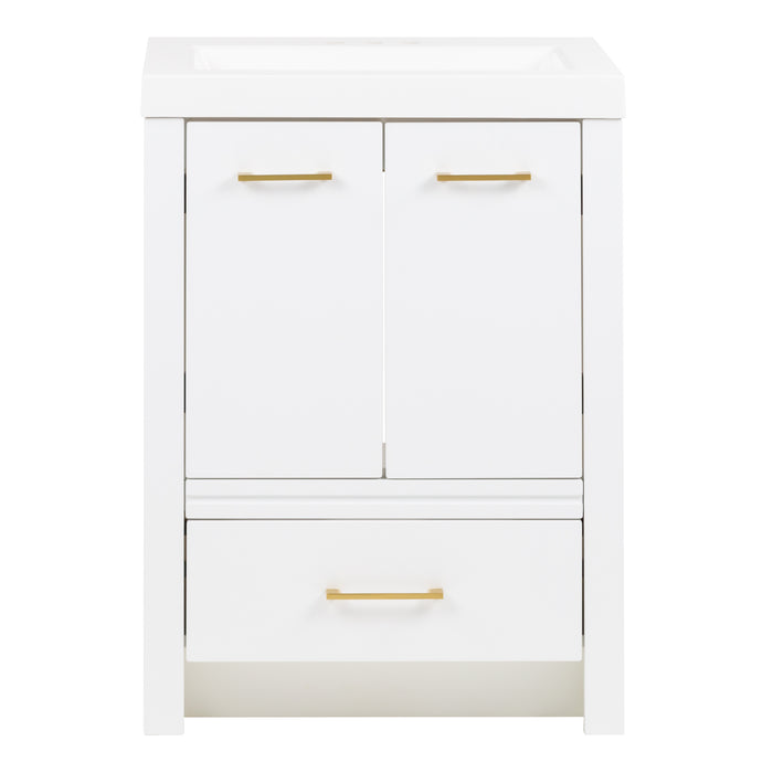 Hali 24.5 small white bathroom vanity with 2-door cabinet, 1 drawer, brushed gold hardware, white sink top