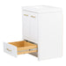 Open base drawer on Hali 24.5 small white bathroom vanity with 2-door cabinet, 1 drawer, brushed gold hardware, white sink top