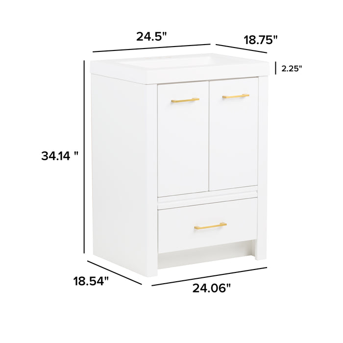 Measurements of Hali 24.5 small white bathroom vanity with 2-door cabinet, 1 drawer, brushed gold hardware, white sink top: 24.5 in W x 18.75 in D x 34.14 in H