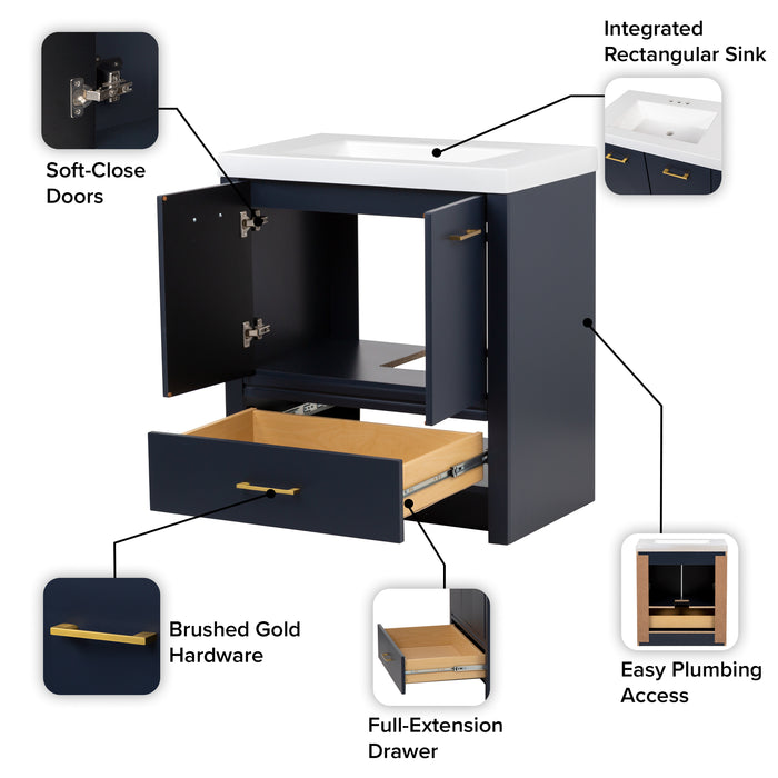 Features of Hali 30.5 small blue bathroom vanity with 2-door cabinet, 1 drawer, brushed gold hardware, white sink top