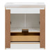 Open back on Hali 30.5 small white bathroom vanity with 2-door cabinet, 1 drawer, brushed gold hardware, white sink top