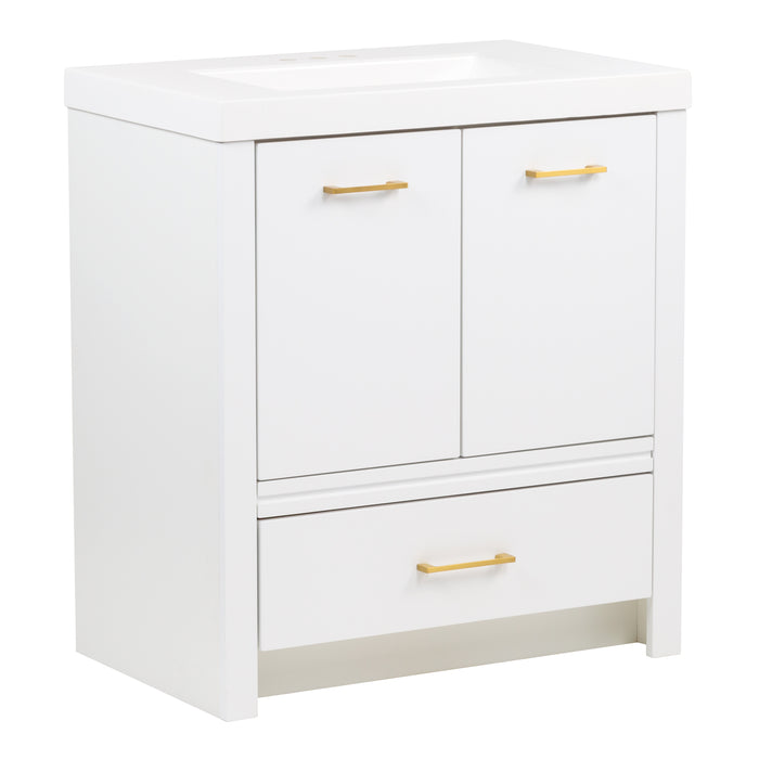 Side view of Hali 30.5 small white bathroom vanity with 2-door cabinet, 1 drawer, brushed gold hardware, white sink top