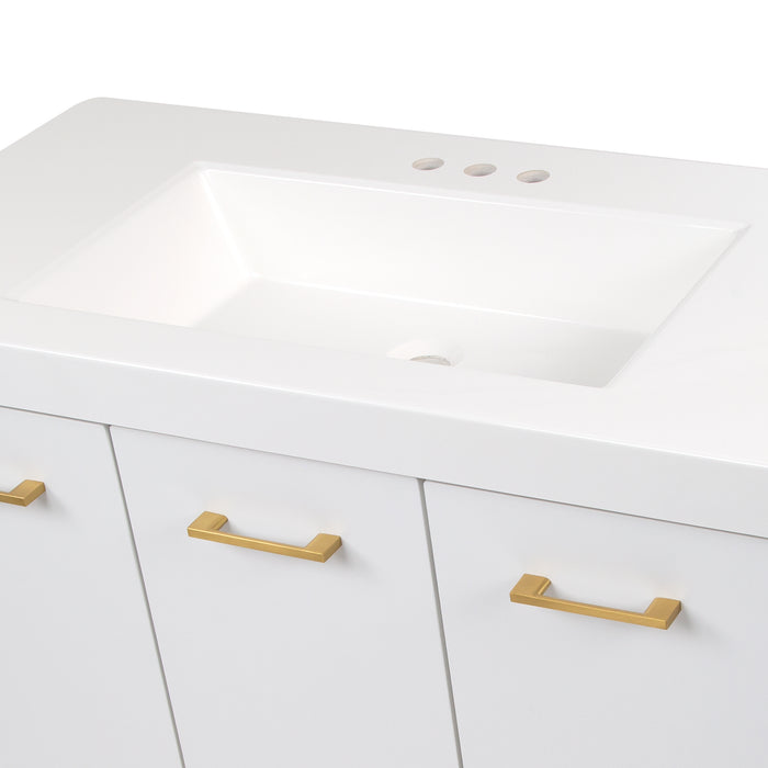 Predrilled sink top on Hali 36.5 white bathroom vanity with 3 doors, 2 drawers, brushed gold hardware, white sink top