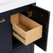 Open interior drawer on Hali 36.5 blue bathroom vanity with 3 doors, 2 drawers, brushed gold hardware, white sink top