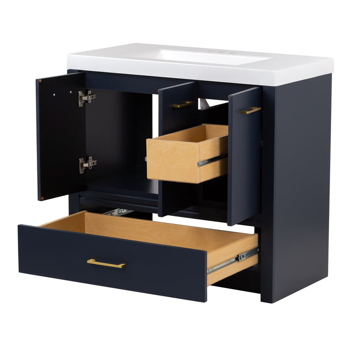 Open doors and drawers on Hali 36.5 blue bathroom vanity with 3 doors, 2 drawers, brushed gold hardware, white sink top