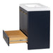Side view with open drawer on Hali 36.5 blue bathroom vanity with 3 doors, 2 drawers, brushed gold hardware, white sink top