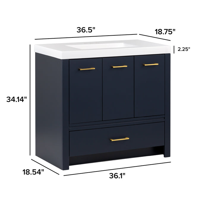 Measurements of Hali 36.5 blue bathroom vanity with 3 doors, 2 drawers, brushed gold hardware, white sink top: 36.5 in W x 18.75 in D x 33.14 in H