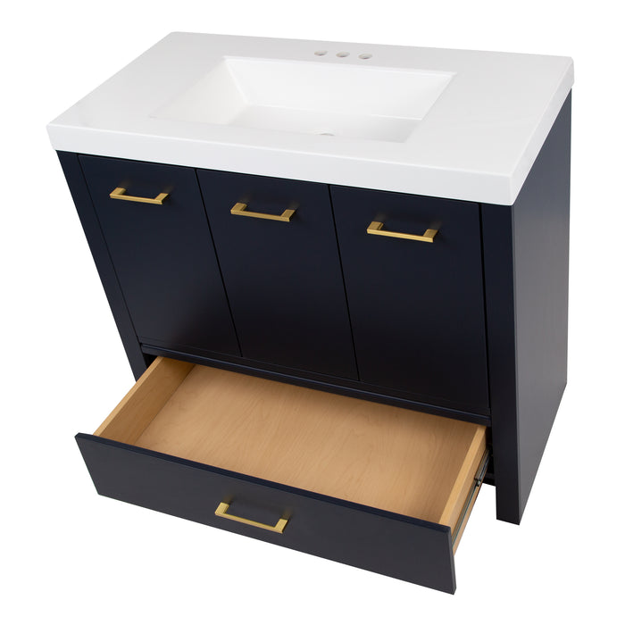 Top view with drawer open on Hali 36.5 blue bathroom vanity with 3 doors, 2 drawers, brushed gold hardware, white sink top