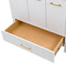 Open base drawer on Hali 36.5 white bathroom vanity with 3 doors, 2 drawers, brushed gold hardware, white sink top