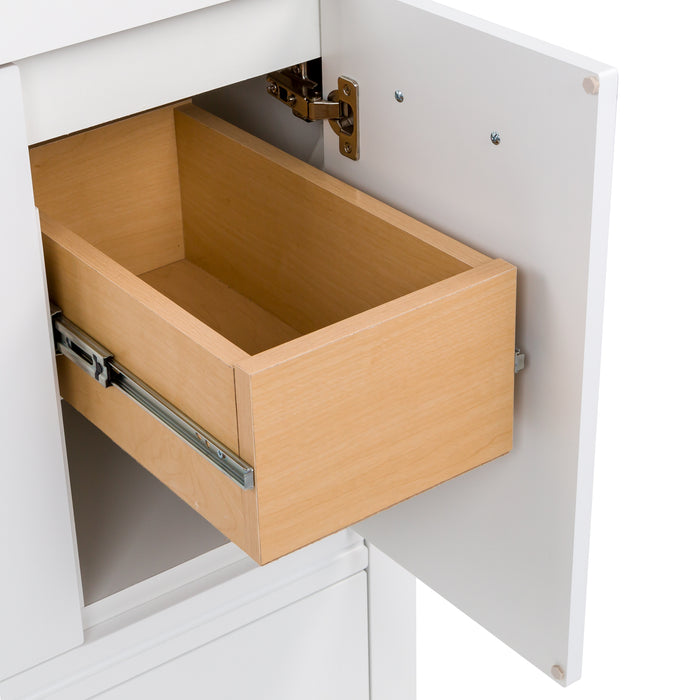 Open interior drawer on Hali 36.5 white bathroom vanity with 3 doors, 2 drawers, brushed gold hardware, white sink top