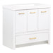 Angled view of Hali 36.5 white bathroom vanity with 3 doors, 2 drawers, brushed gold hardware, white sink top