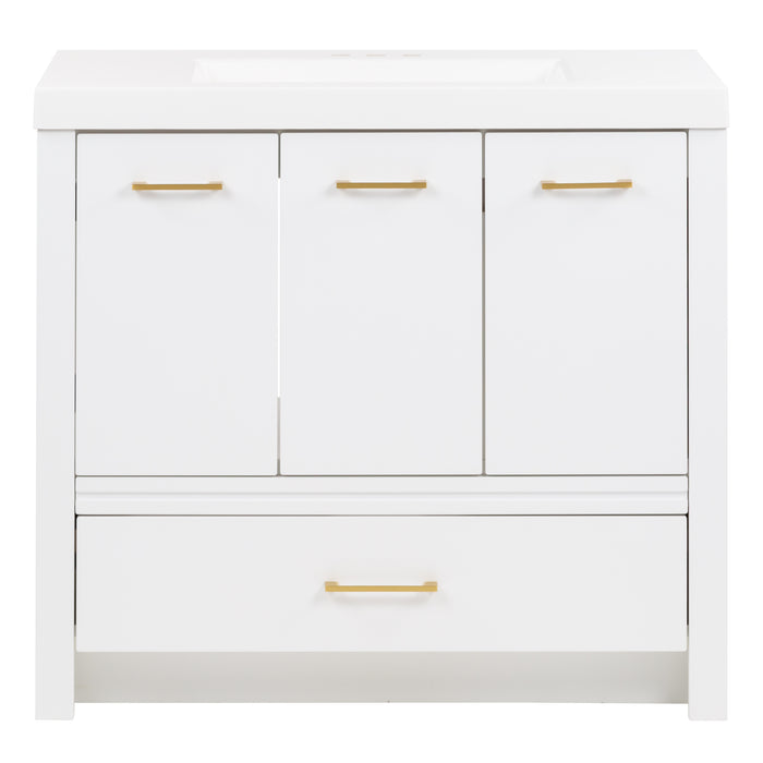 Hali 36.5 white bathroom vanity with 3 doors, 2 drawers, brushed gold hardware, white sink top