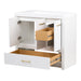 Open doors and drawers on Hali 36.5 white bathroom vanity with 3 doors, 2 drawers, brushed gold hardware, white sink top