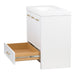 Open base drawer on Hali 36.5 white bathroom vanity with 3 doors, 2 drawers, brushed gold hardware, white sink top