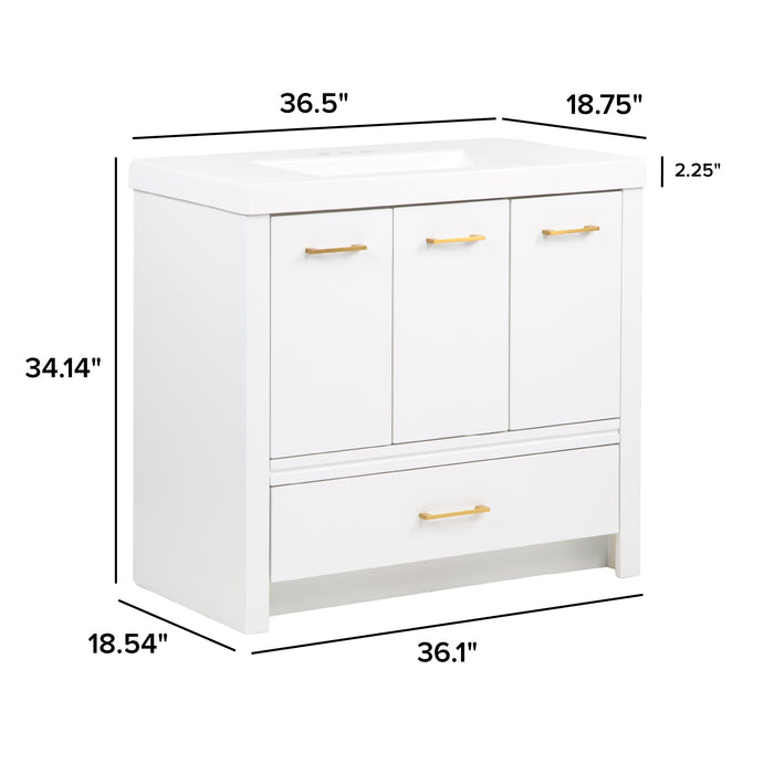 Measurements of Hali 36.5 white bathroom vanity with 3 doors, 2 drawers, brushed gold hardware, white sink top: 36.5 in W x 18.75 in D x 33.14 in H