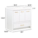 Measurements of Hali 36.5 white bathroom vanity with 3 doors, 2 drawers, brushed gold hardware, white sink top: 36.5 in W x 18.75 in D x 33.14 in H