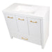 Top view of Hali 36.5 white bathroom vanity with 3 doors, 2 drawers, brushed gold hardware, white sink top
