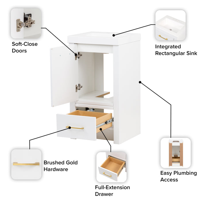 Features of Hali 18.5 small white bathroom vanity with 1-door cabinet, 1 drawer, brushed gold hardware, white sink top