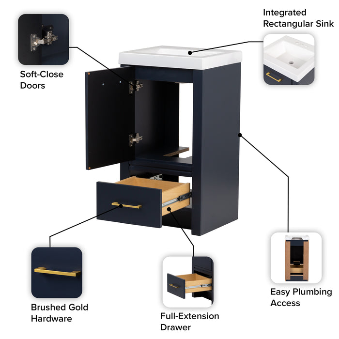 Features of Hali 18.5 small blue bathroom vanity with 1-door cabinet, 1 drawer, brushed gold hardware, white sink top