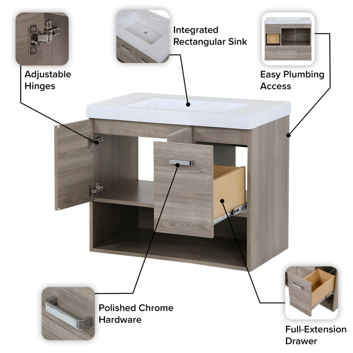 Features of Inna 30.5-in floating woodgrain finish bathroom vanity with sink top, drawer, 2-door cabinet, open shelf