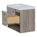 Side view of Inna 30.5-in floating woodgrain finish bathroom vanity with sink top, drawer, 2-door cabinet, open shelf