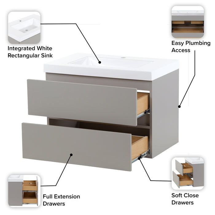 Innes Floating wall mount vanity features: open back, 2 drawers, white sink top